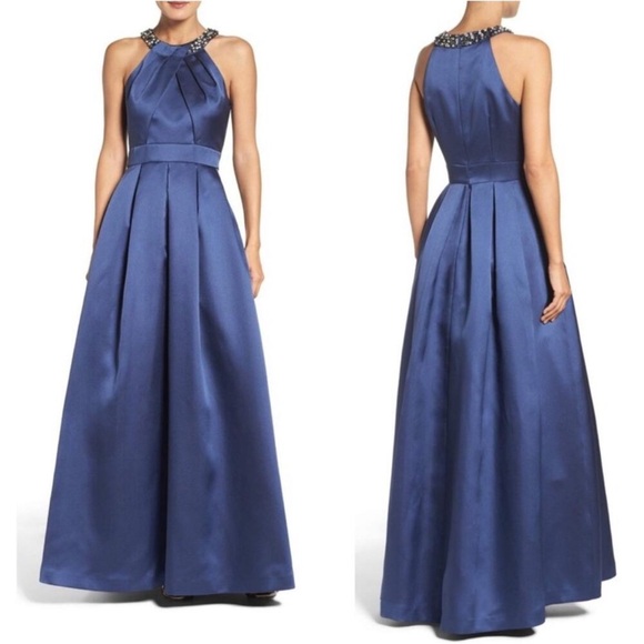 Eliza J Dresses & Skirts - Eliza J Navy Satin Beaded Neckline Evening Gown